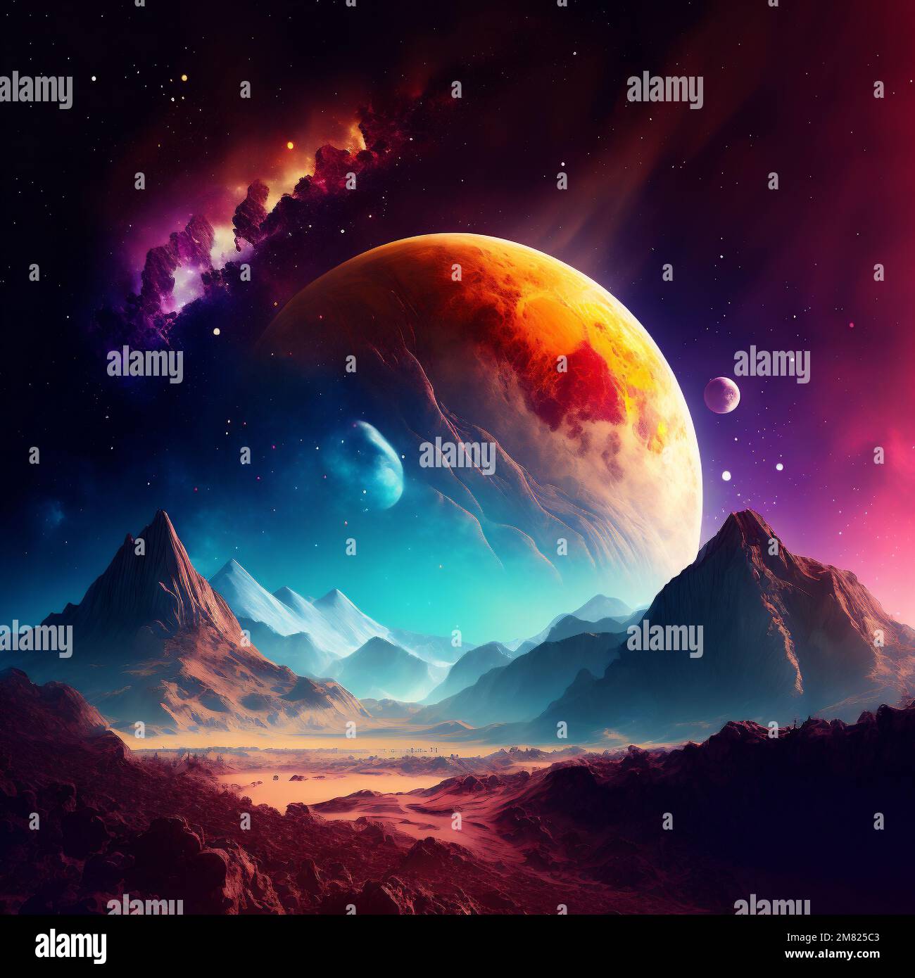 Abstract background of different planet. Starfield illustration. Neon background of different planet with mountains. Generated by AI. Stock Photo