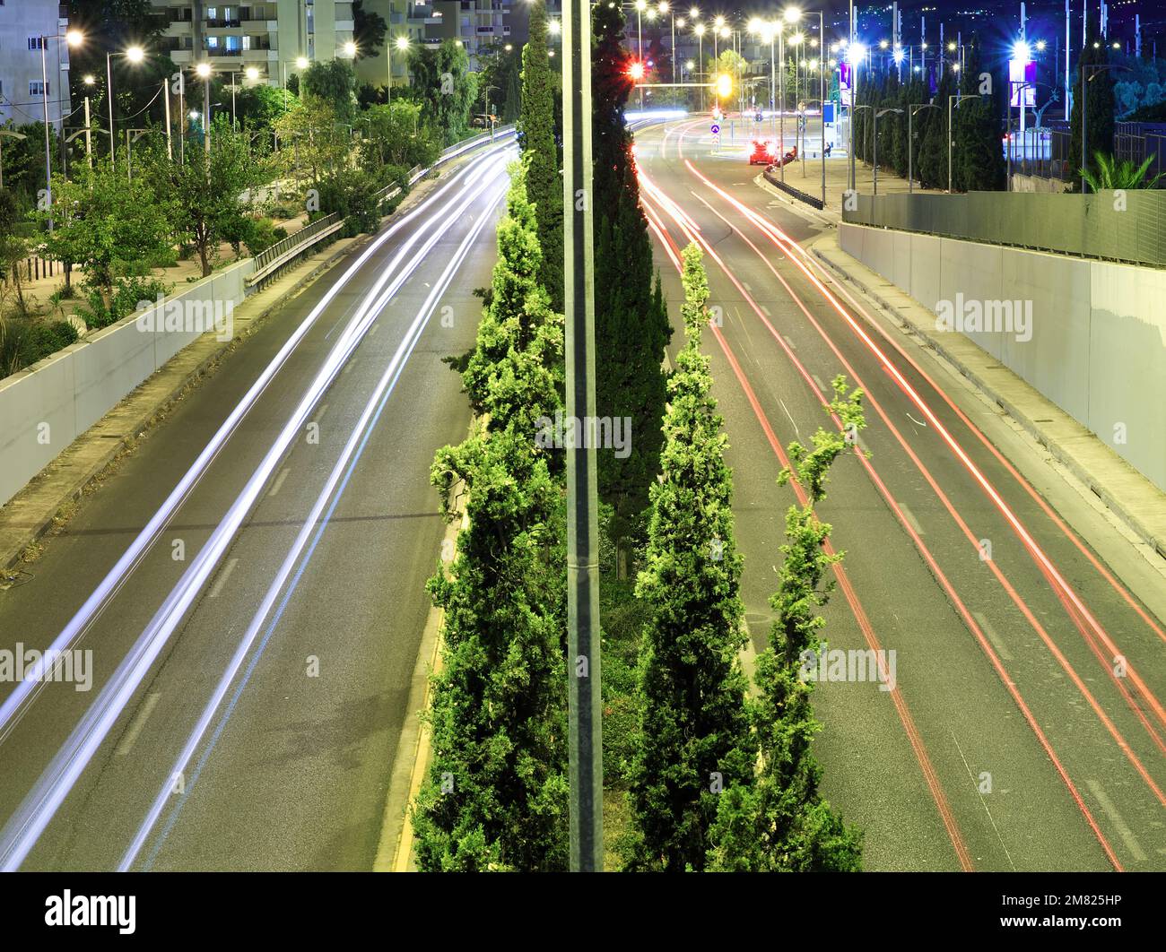 Highway city light trails in Athens Stock Photo
