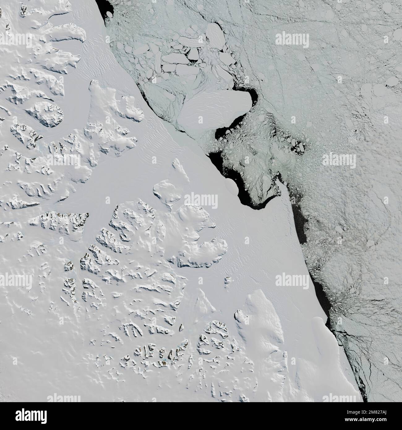 Aerial of Antarctica and the Larsen ice shelf with calving icebergs
