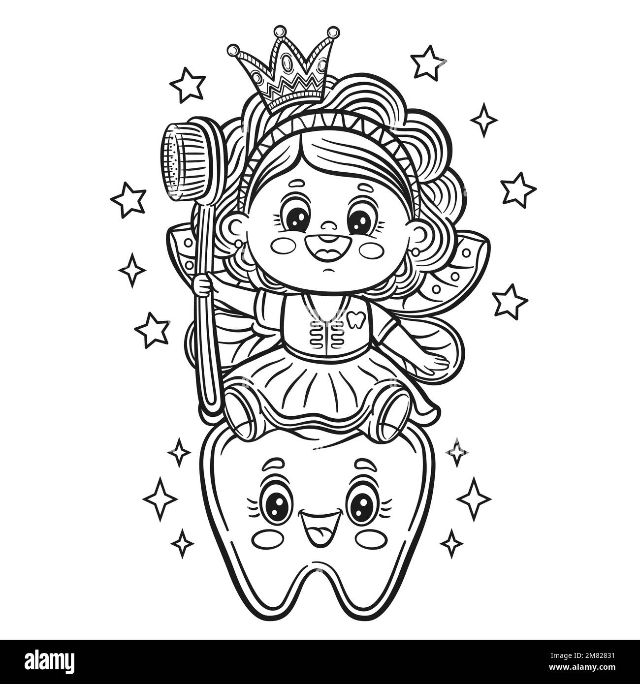 Cute tooth fairy princess with toothbrush outline icon. Children coloring book page. Kid medical dentistry. Magic girl butterfly. Teeth hygiene vector Stock Vector