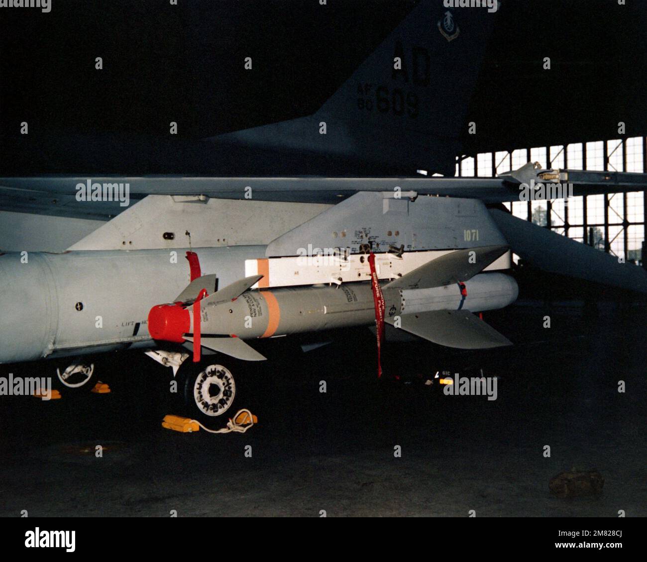 A Norwegian-made Mark 3 Penguin air-to-surface missile attached to the wing pylon of an F-16 Fighting Falcon aircraft parked on the flight line. Base: Eglin Air Force Base State: Florida (FL) Country: United States Of America (USA) Stock Photo