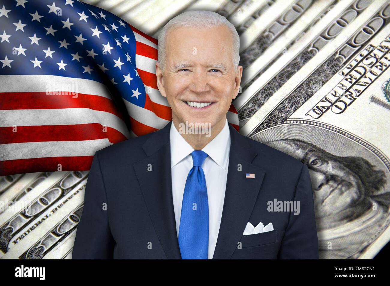 Joe Biden, USA flag and cash dollar bills Stock Photo