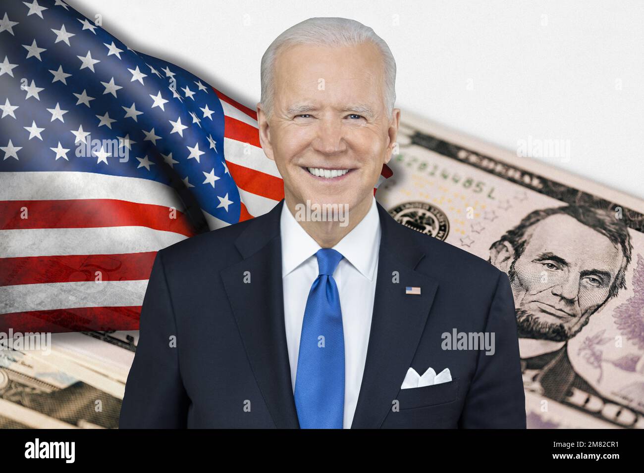 Joe Biden, USA flag and cash dollar bills Stock Photo
