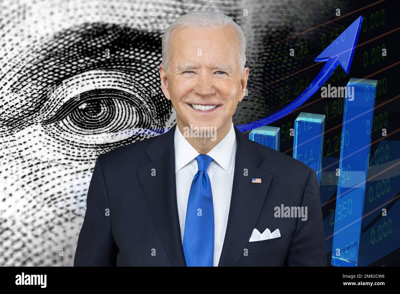 Joe Biden, up arrow and cash dollar bill Stock Photo