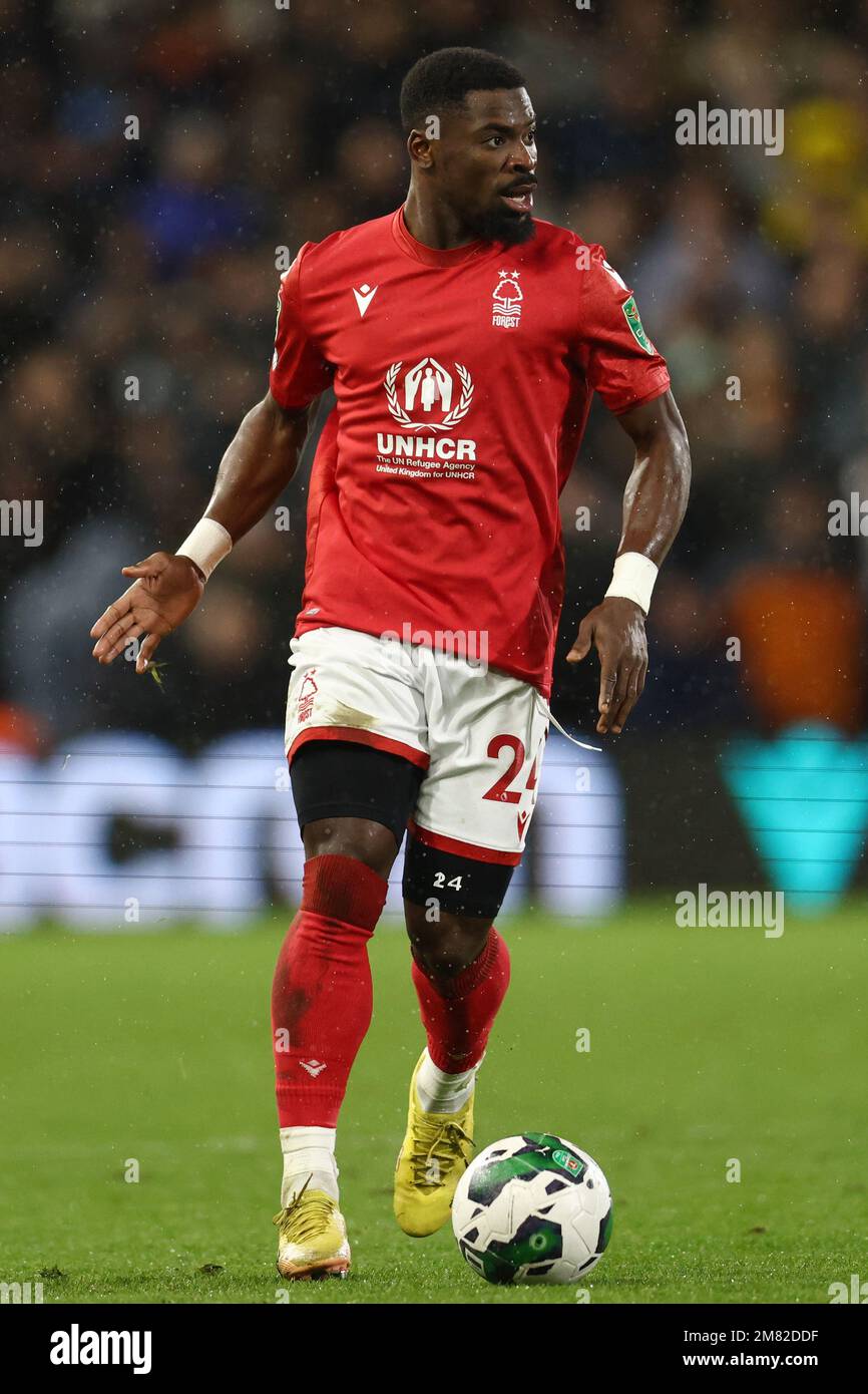 Nottingham, England, 11th January 2023.  Serge Aurier of Nottingham Forest during the Carabao Cup match at the City Ground, Nottingham. Picture credit should read: Darren Staples / Sportimage Stock Photo