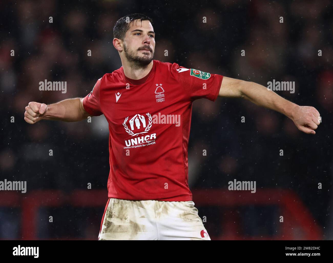 Nottingham, England, 11th January 2023.  Remo Freuler of Nottingham Forest celebrates scoring in the penalty shoot out during the Carabao Cup match at the City Ground, Nottingham. Picture credit should read: Darren Staples / Sportimage Stock Photo