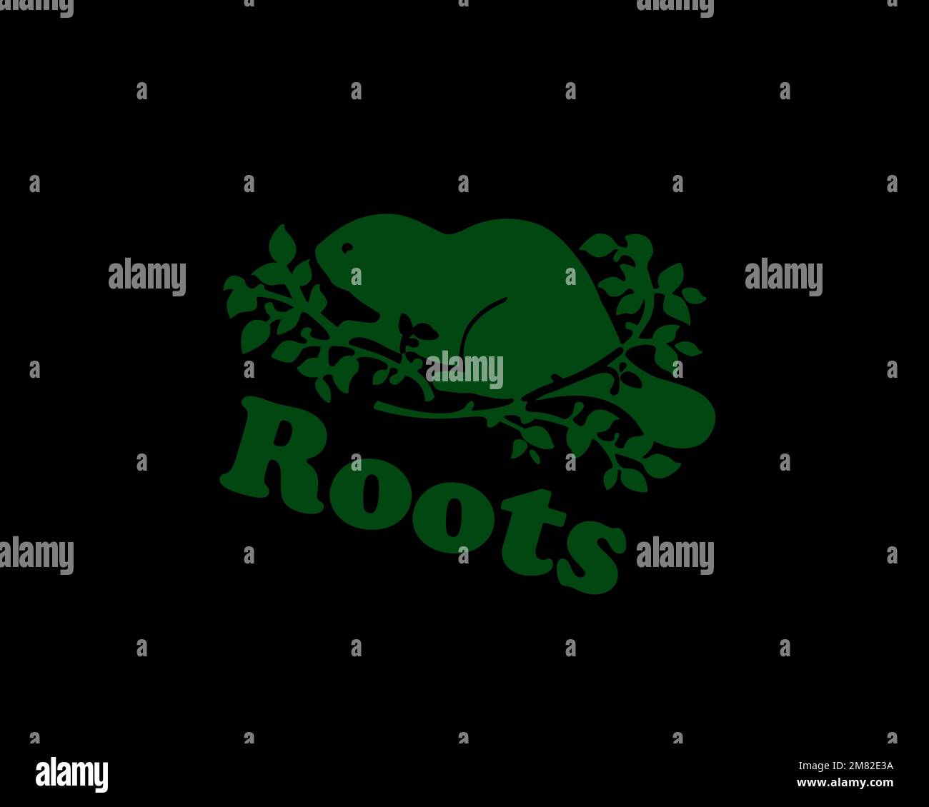 Roots Canada, rotated logo, black background B Stock Photo Alamy