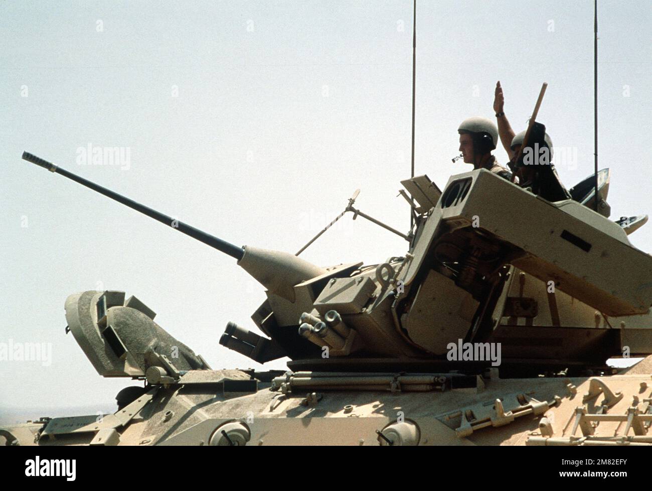 A right front view of an M2 Bradley Fighting Vehicle with its 25mm
