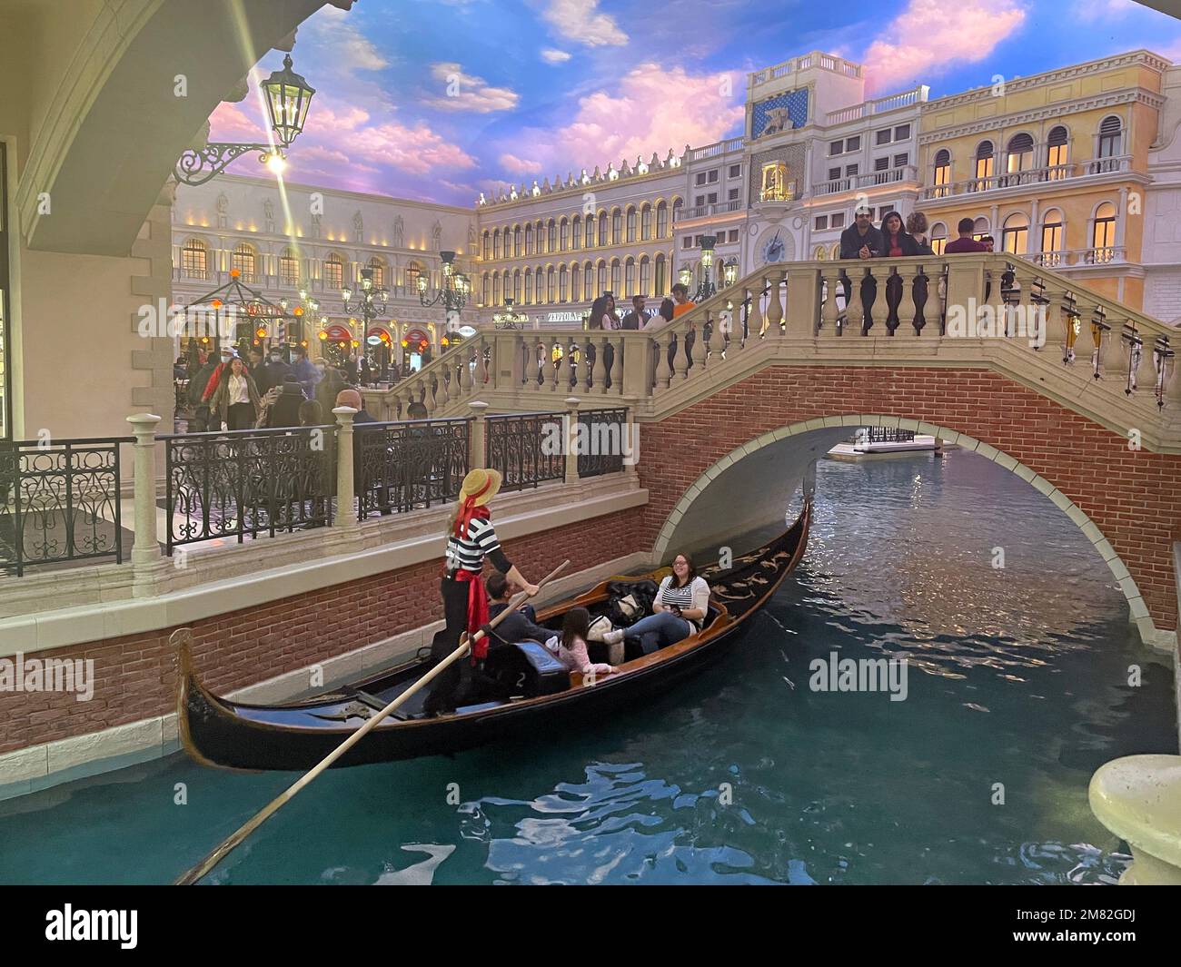 Gondolier and canal in the Venetian Hotel, Las Vegas, Nevada, USA Stock Photo