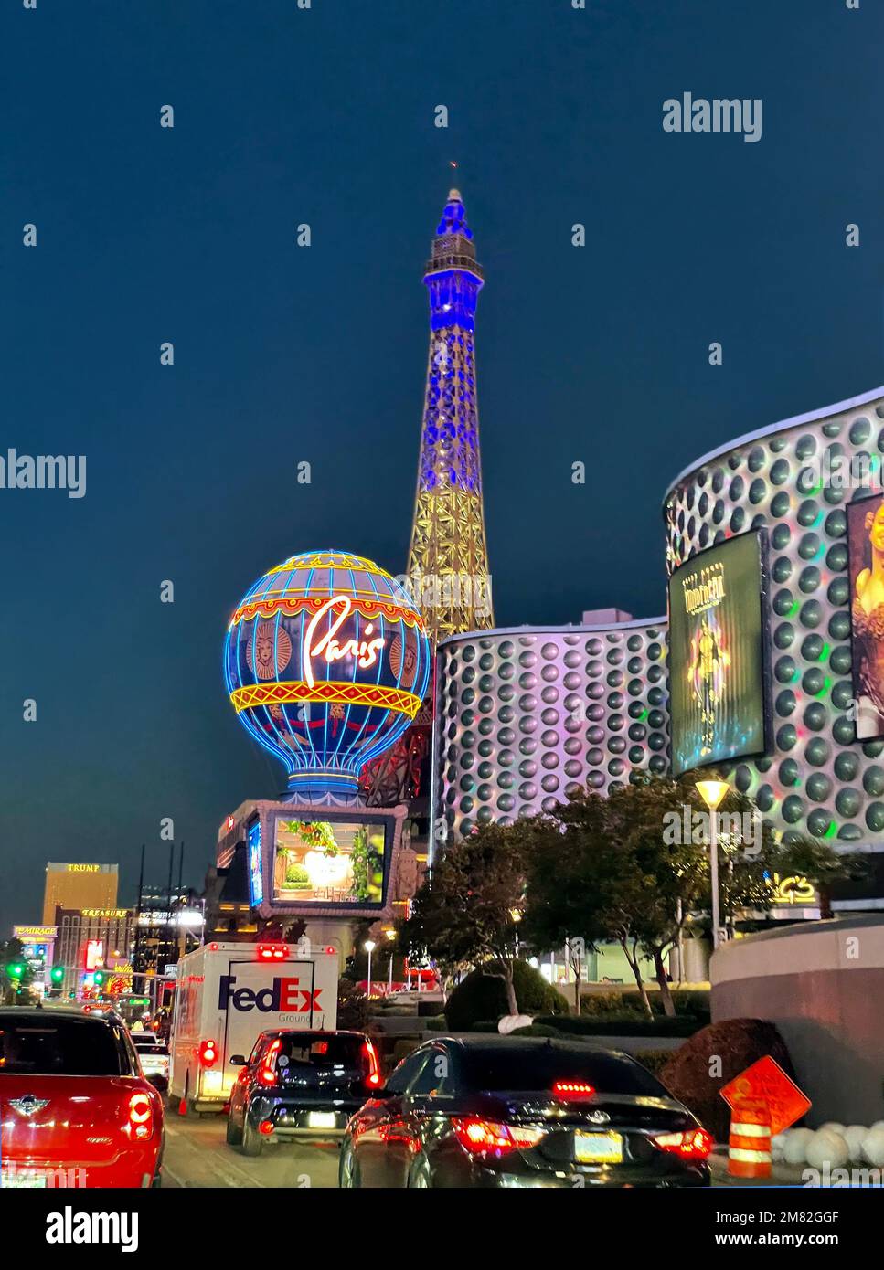 FedEx truck on the Strip near the Paris Hotel, Casino, Las Vegas, Nevada, Eiffel Tower, Stock Photo