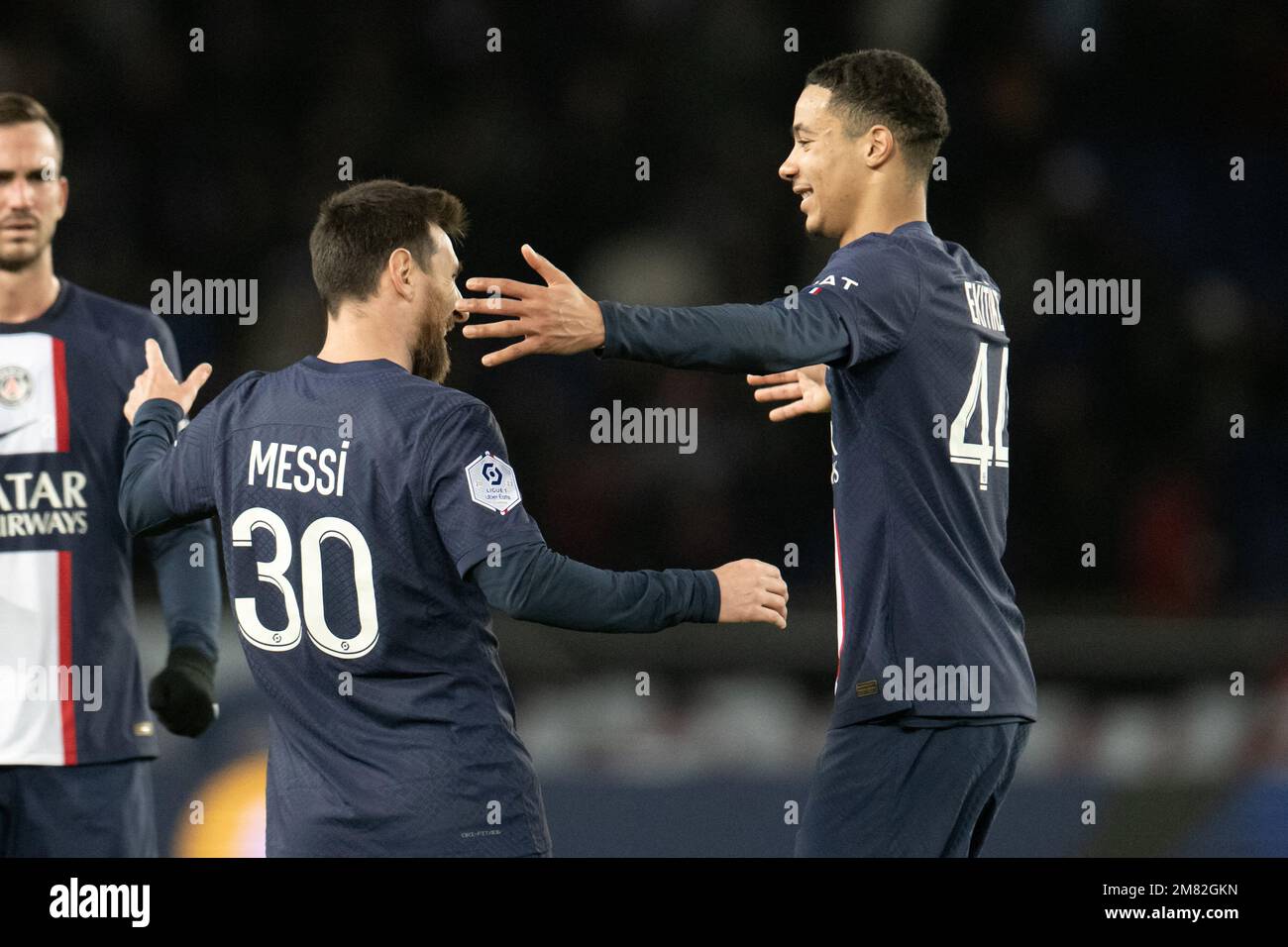 Leo Messi of Paris Saint-Germain celebrates his goal with Hugo Ekitike of Paris Saint-Germain during the Ligue 1 Uber Eats match between Paris Saint Germain and Angers at Parc des Princes, on January 11, 2023 in Paris, France.Photo by David Niviere/ABACAPRESS.COM Stock Photo