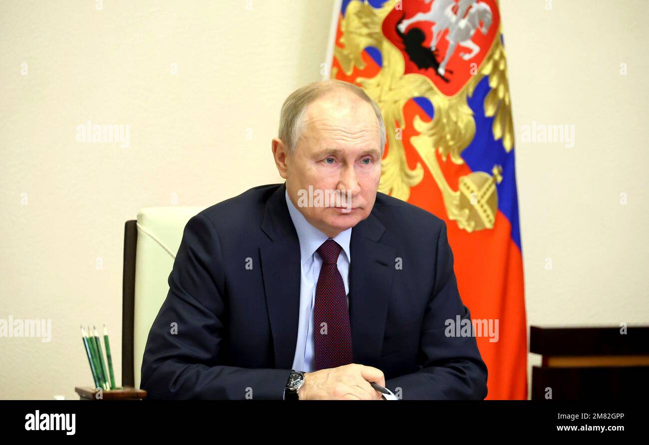 Novo-Ogaryovo, Russia. 11th Jan, 2023. Russian President Vladimir Putin hosts a video conference with government officials, from the official residence of Novo-Ogaryovo, January 11, 2023 in Novo-Ogaryovo, Moscow Region, Russia. Novo-Ogaryovo, Russia. 11 January, 2023. Credit: Planetpix/Alamy Live News Stock Photo