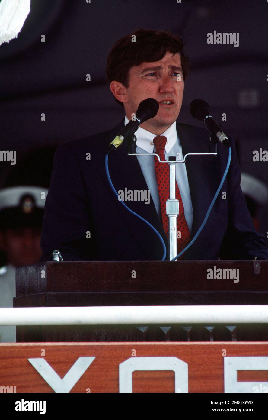Secretary of the Navy John Lehman speaks during the commissioning ceremony for the Aegis guided missile cruiser USS YORKTOWN (CG 48) at the Naval Weapons Station. Base: Yorktown State: Virginia (VA) Country: United States Of America (USA) Stock Photo