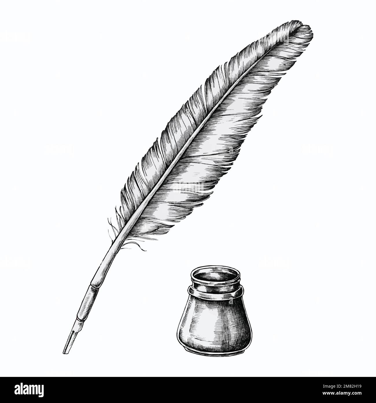 Writing Feather Quill Ink Pen and Inkwell Stock Vector