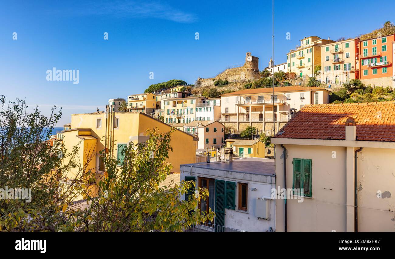 Colorful apartment homes in Riomaggiore, Italy. Cinque Terre Stock