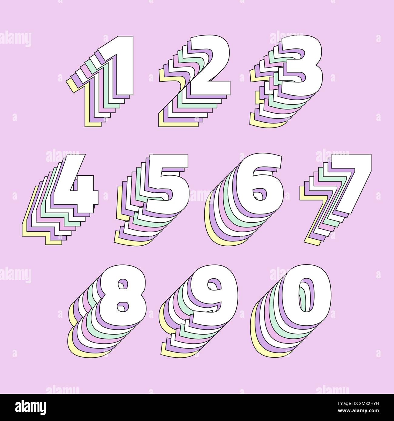 Layered pastel number set vector stylized typography Stock Vector Image
