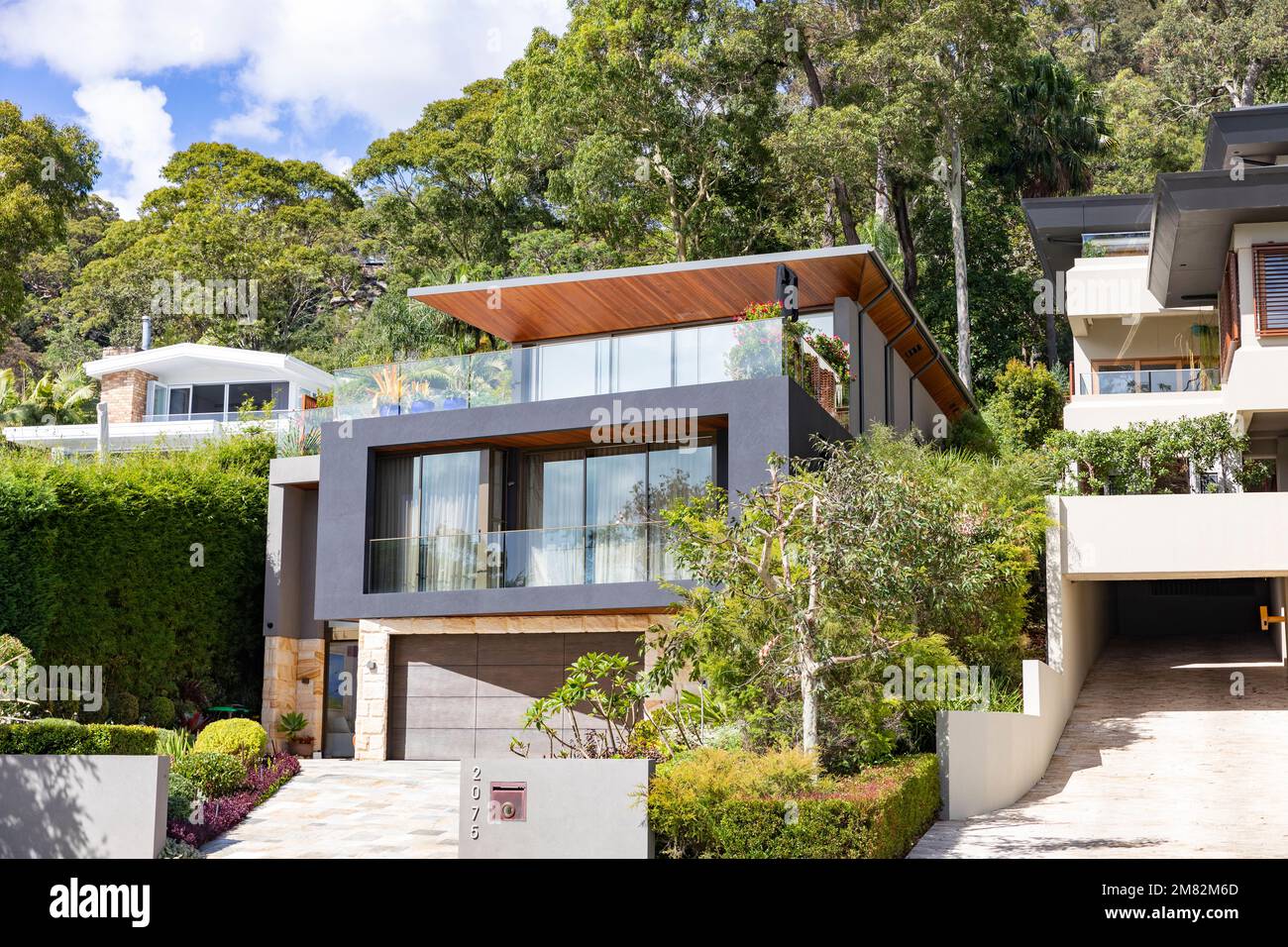 Modern contemporary Australian detached home in bush setting with gardens,Church Point Sydney,NSW,Australia Stock Photo