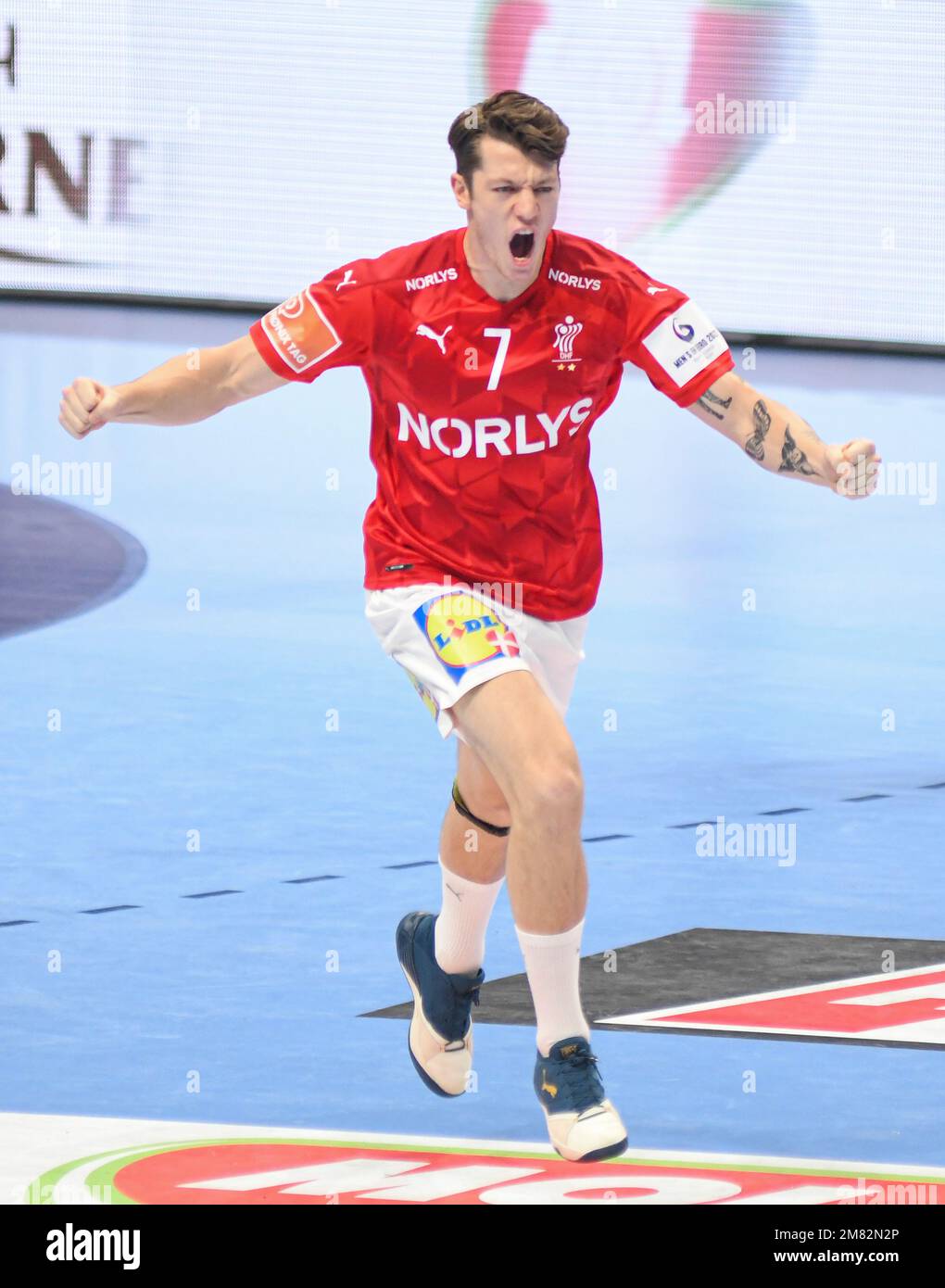 Emil Jakobsen (Denmark) celebrates a goal. EHF Euro 2022, Main Round