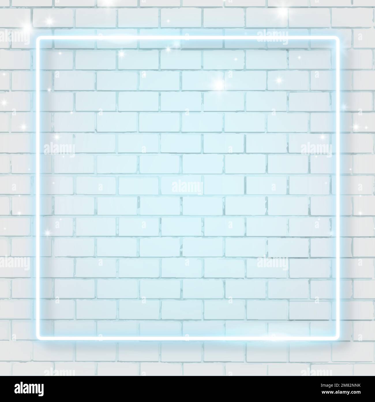 Square blue neon frame on brick wall background vector Stock Vector