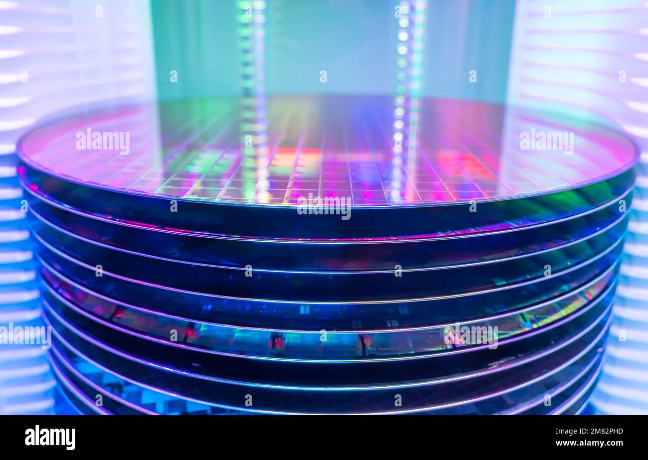 Silicon Wafer Under Cleanroom Fabrication in plastic holder box Stock