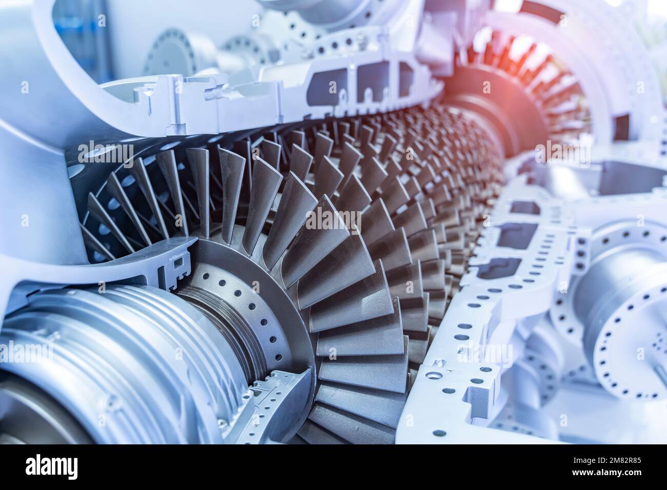 Model of turbine engine with longitudinal section for studying arrangement of blades and