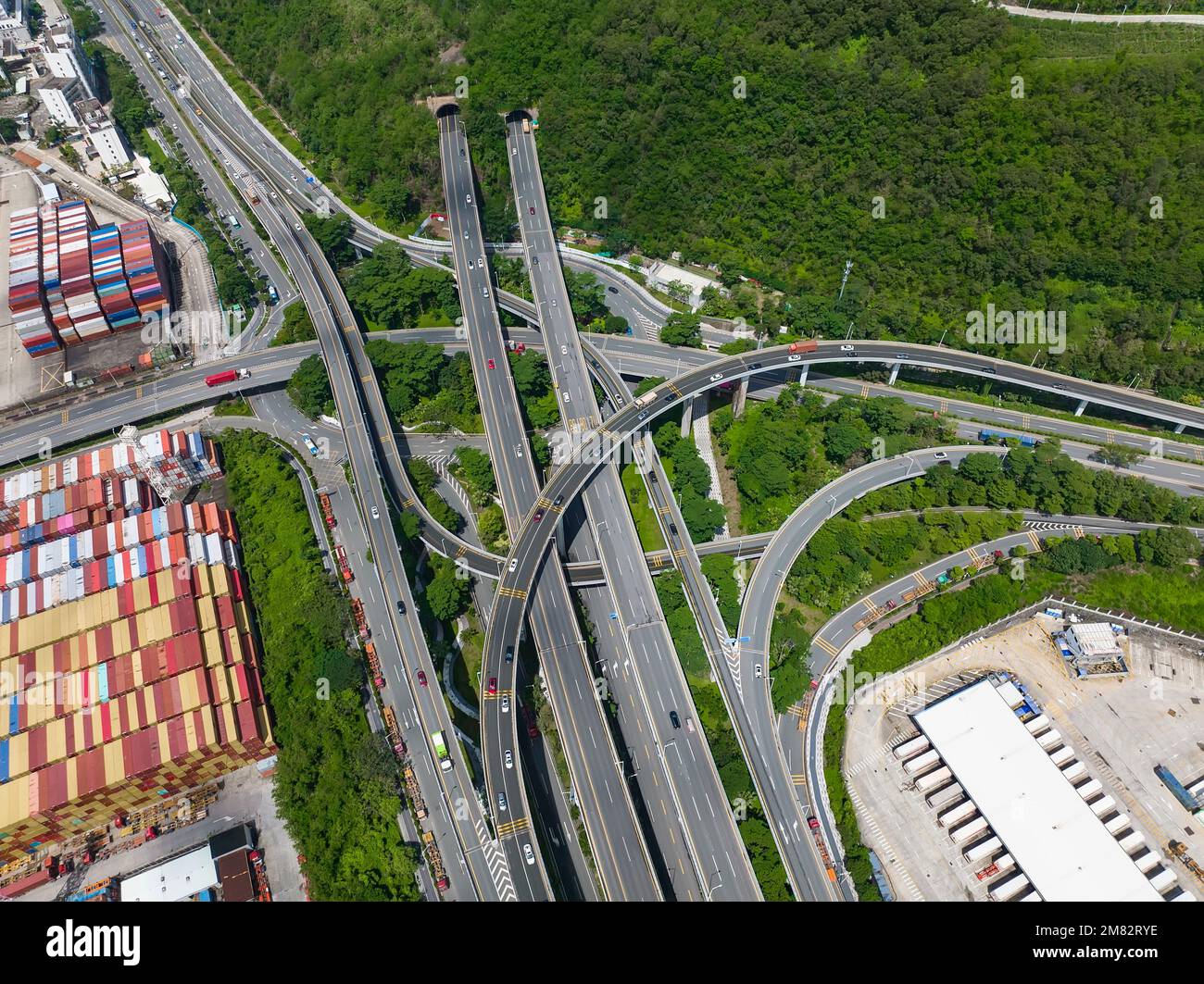 Freeway over the industrial area of the port, aerial top view Stock ...