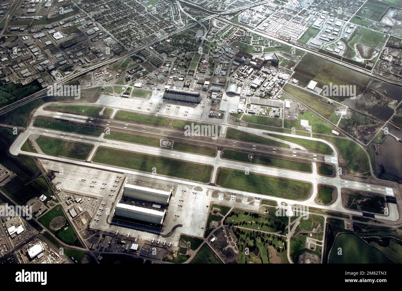 Aerial view of Naval Air Station Moffett Field. Base Naval Air Station
