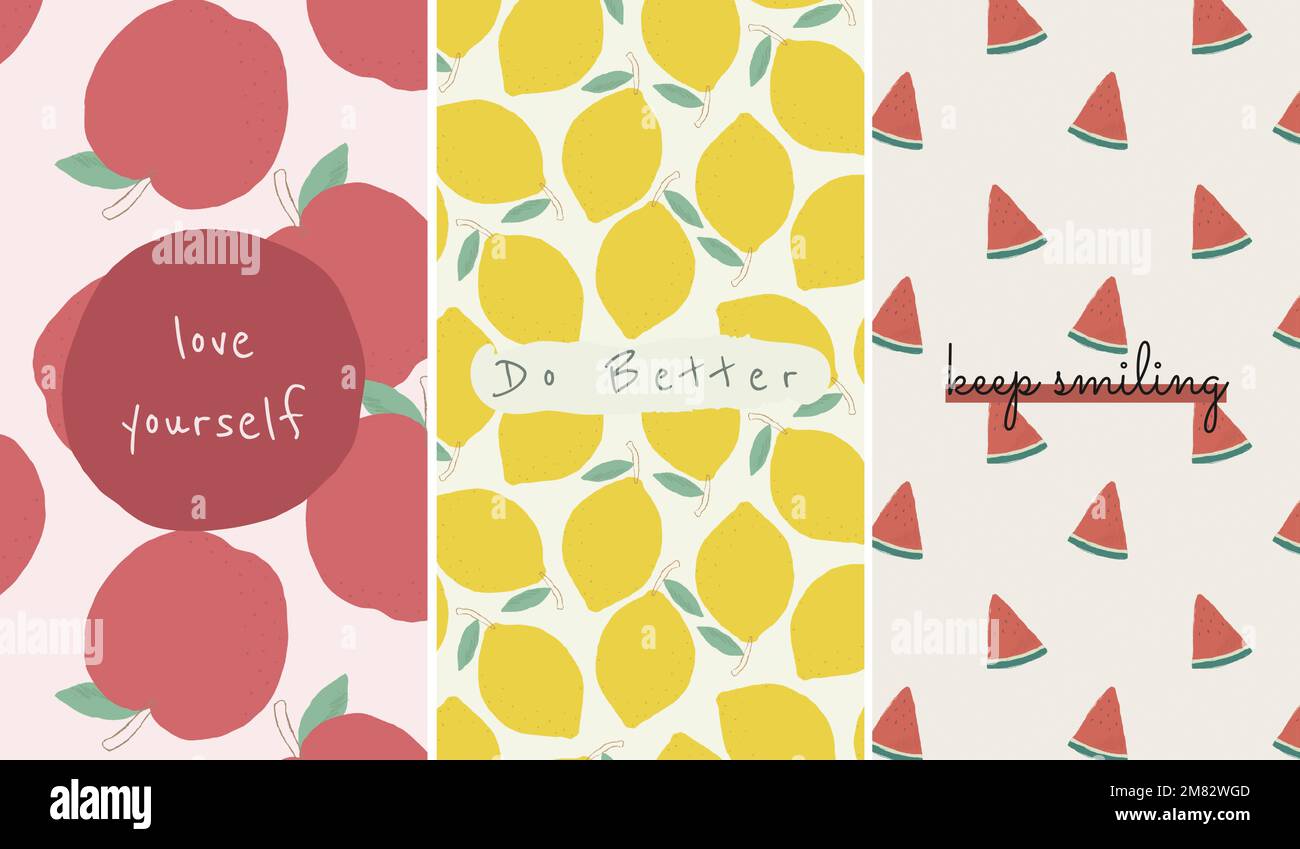 Vector fruit pattern quote social media story template set Stock Vector