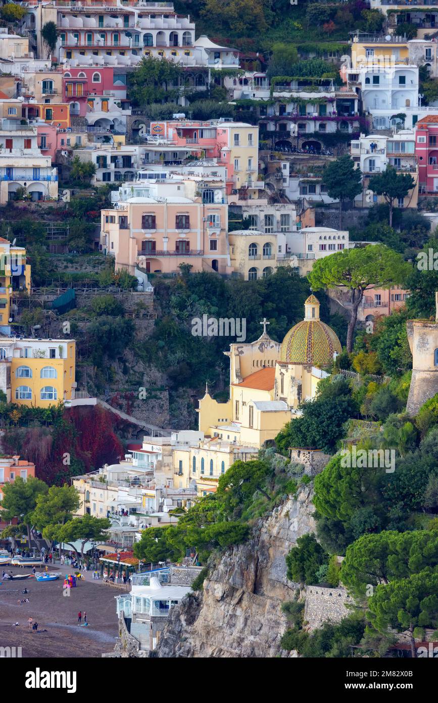 Touristic Town, Positano, on Rocky Cliffs and Mountain Landscape by the Sea. Amalfi Coast, Italy Stock Photo