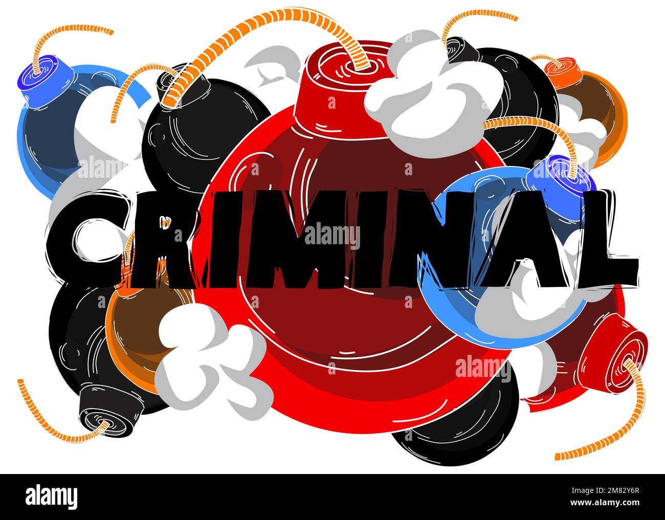 Criminal text with black Bomb. Cartoon Vector Illutration. Stock Vector