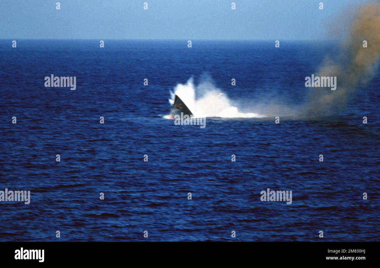 The bow of the Panamanian ship "SKY ONE" is all that remains visible as the ship sinks rapidly below the surface. The tank landing ship USS SUMTER (LST 1181) and amphibious assault ship USS INCHON (LPH 12) were utilized in the rescue of crewmen. Country: Mediterranean Sea (MED) Stock Photo