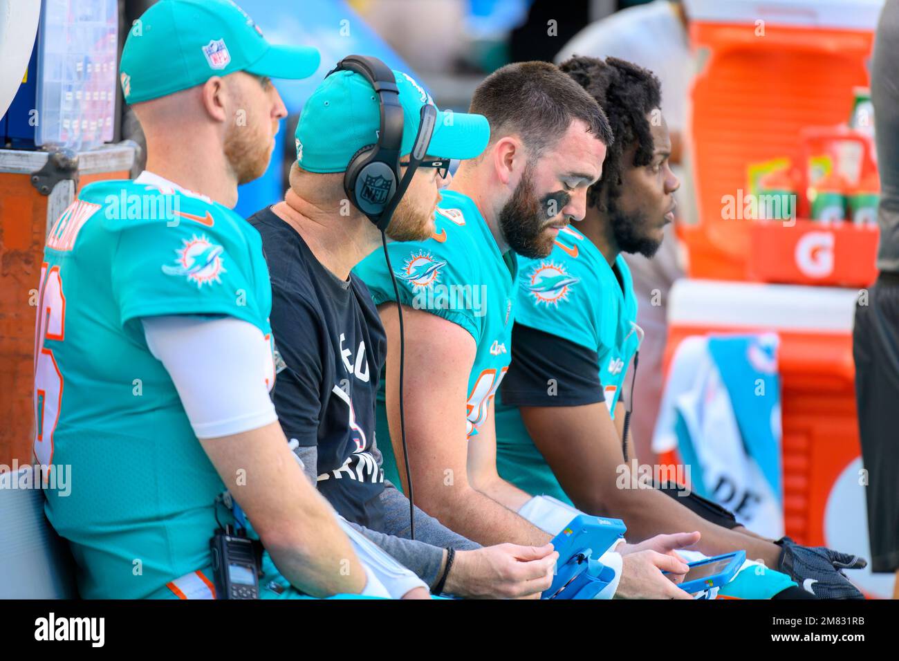 Miami Dolphins quarterback Skylar Thompson (19) looks a play on a