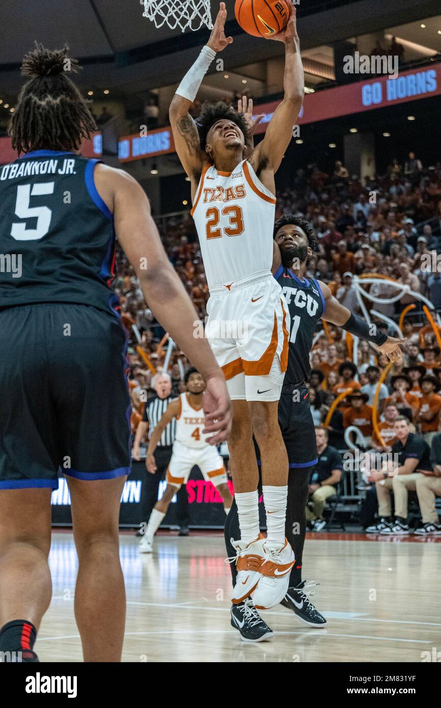 Jn 11, 2023. Dillon Mitchell #23 of the Texas Longhorns in action vs the TCU Horned Frogs at the Moody Center in Austin Texas. TCU leads 42-29 at the half. Stock Photo