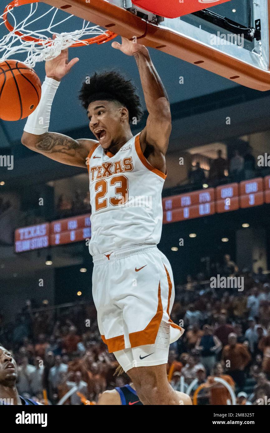 Jn 11, 2023. Dillon Mitchell #23 of the Texas Longhorns in action vs the TCU Horned Frogs at the Moody Center in Austin Texas. TCU leads 42-29 at the half. Stock Photo