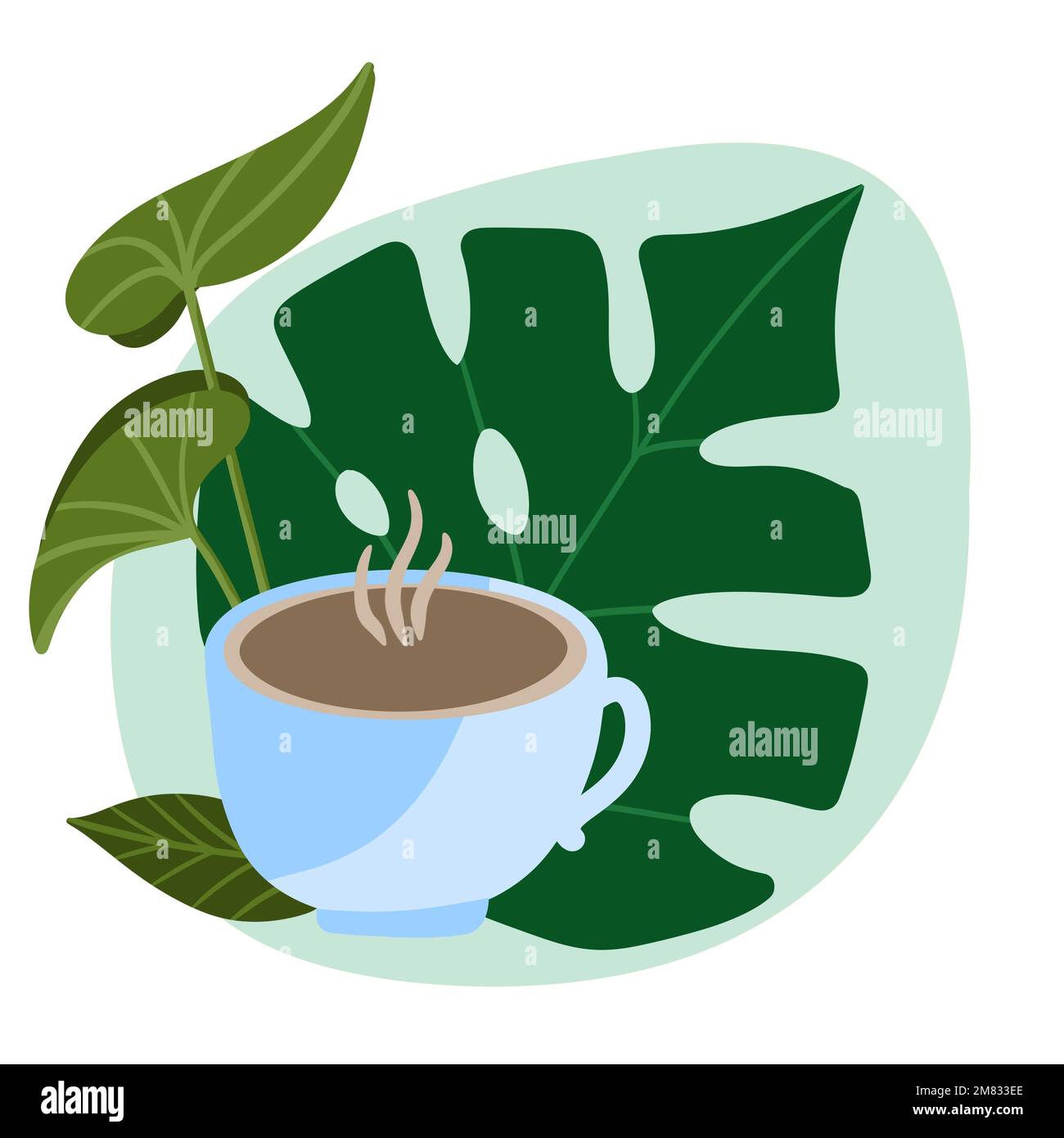 Hand drawn illustration with cup of arabica coffee and green leaves  houseplants. Blue cup breakfast cozy interior, monstera foliage home urban  jungle, summer decor decoration sticker Stock Photo - Alamy