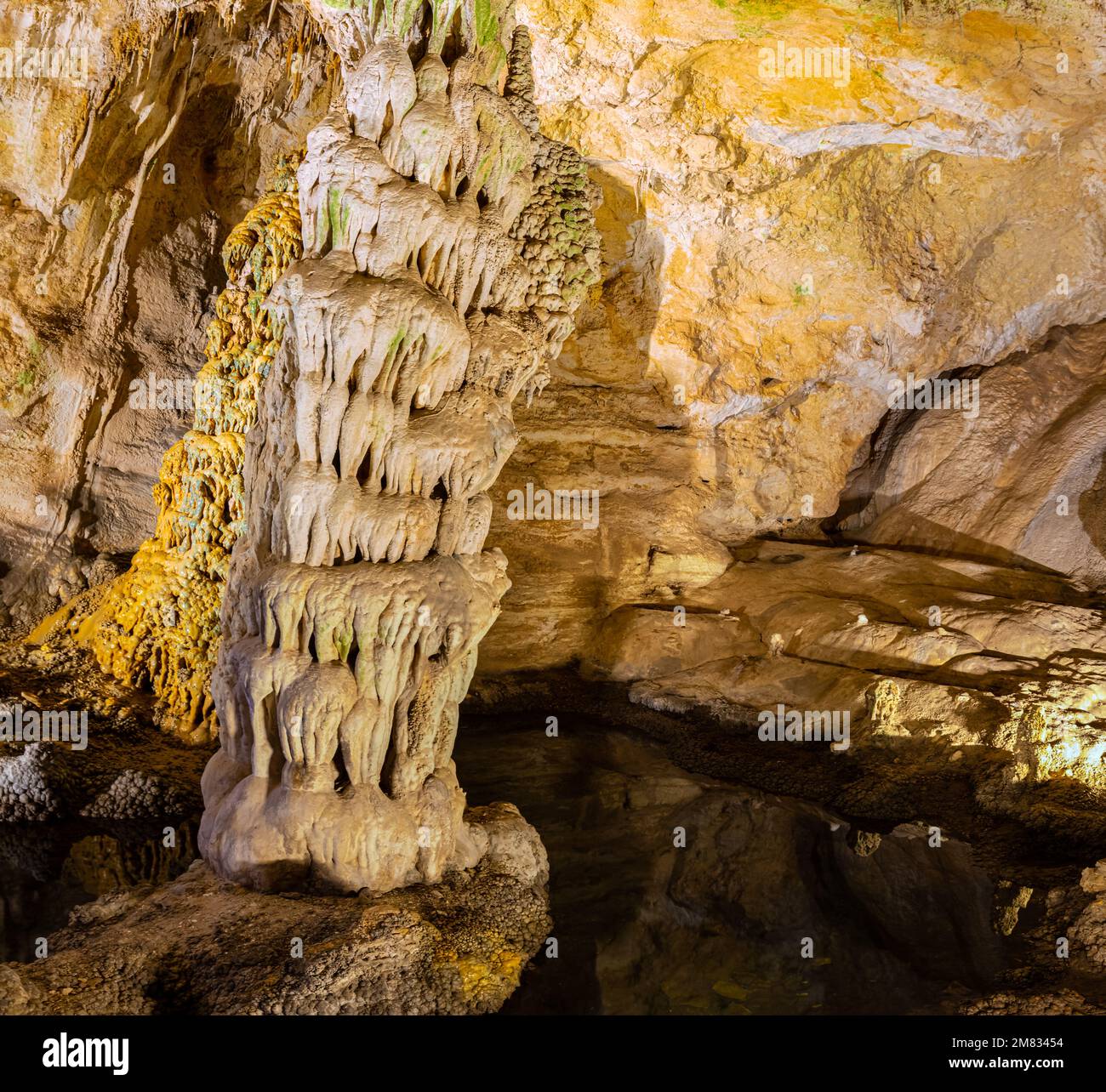 Large Column With Reflections in a Cave Pool, Carlsbad Caverns National Park, New Mexico, USA Stock Photo