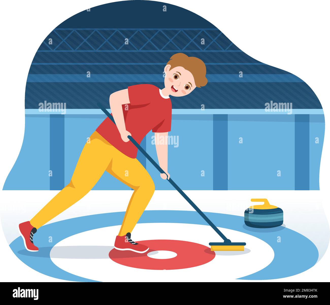 Curling Sport Illustration with Team Playing Game of Rocks and Broom in