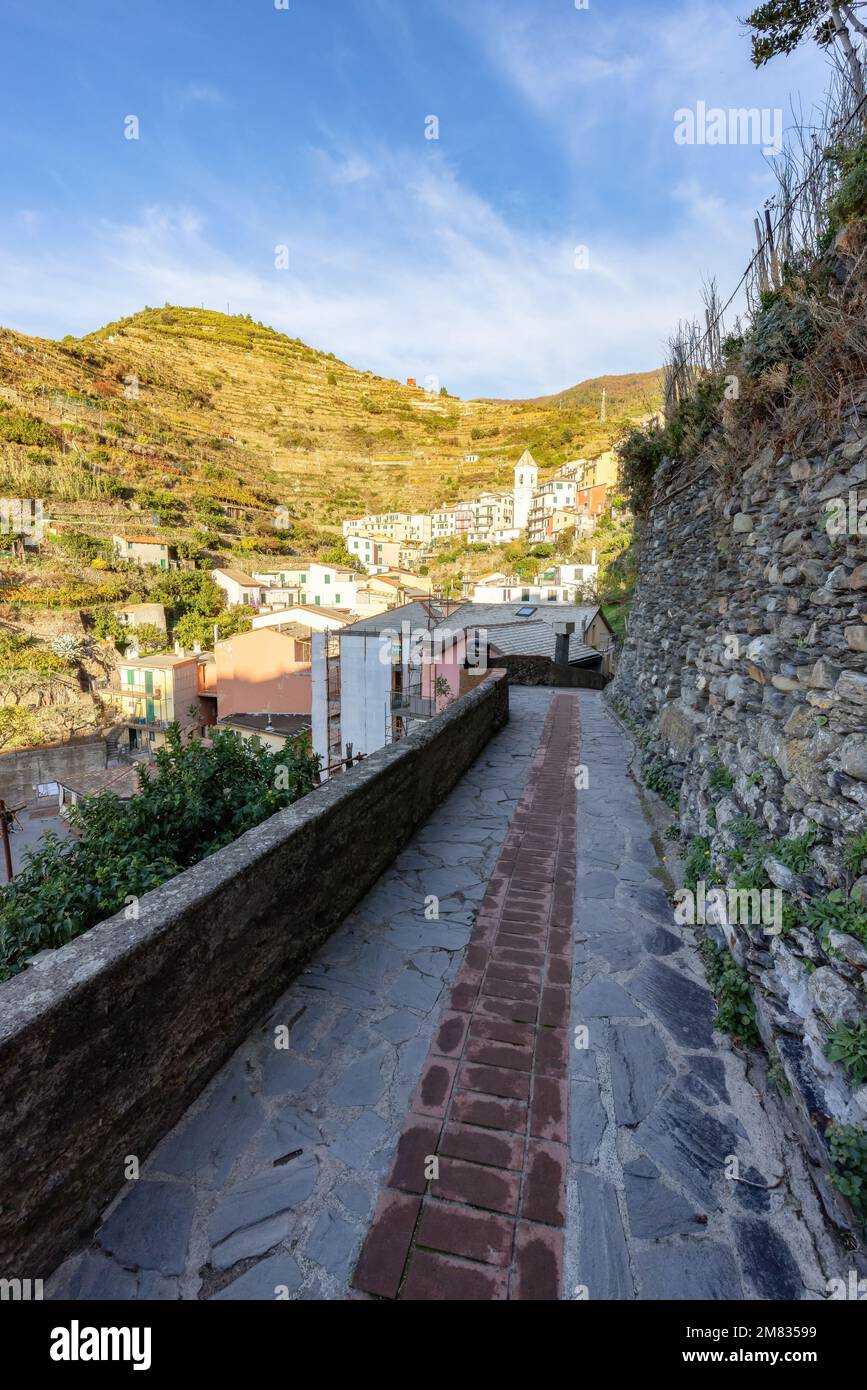 Pathway in touristic town, Manarola, Italy. Cinque Terre Stock Photo