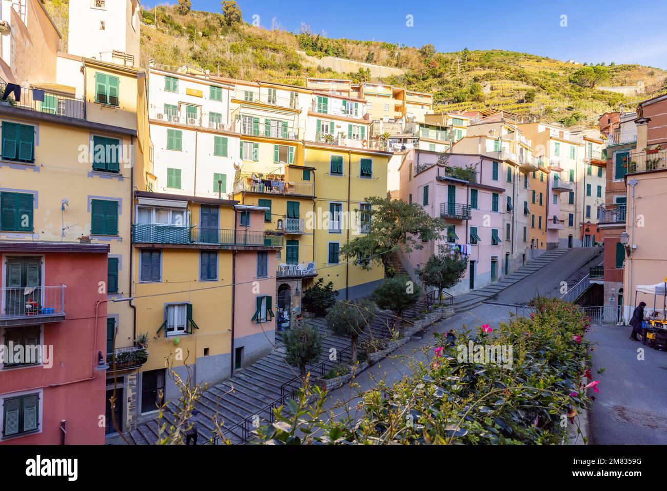 Colorful apartment homes in Riomaggiore, Italy. Cinque Terre Stock