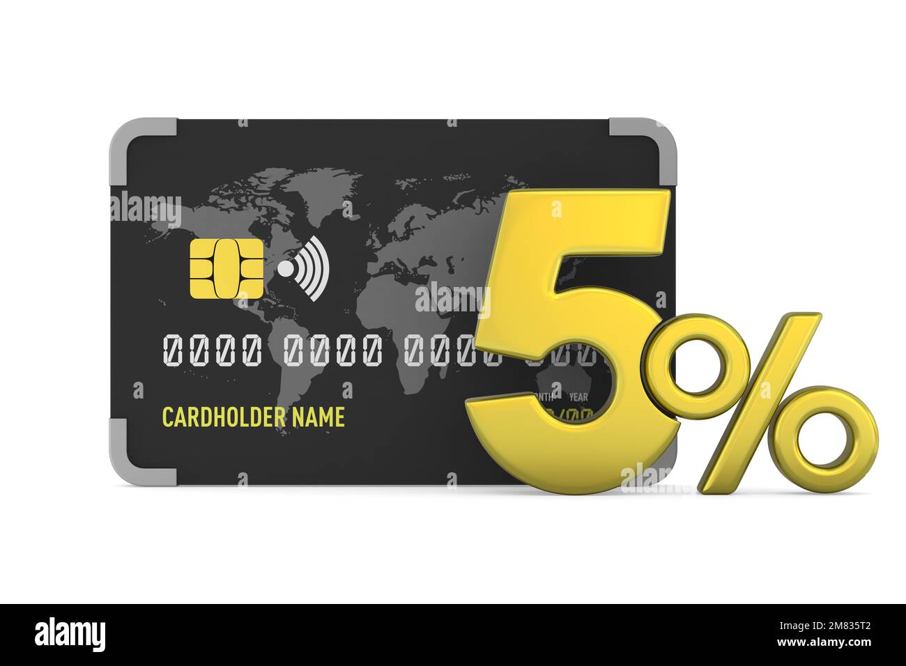credit card and 5 percent on white background. Isolated 3D illustration ...