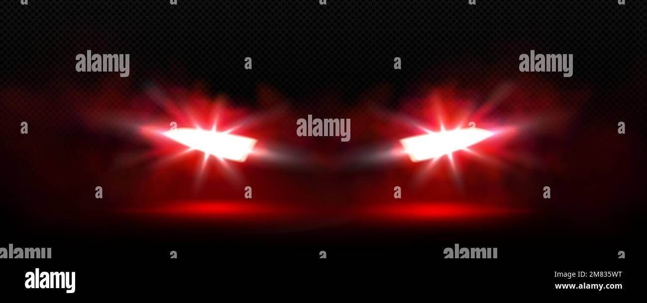 Front car lights in fog at night. Automobile led headlights effect with