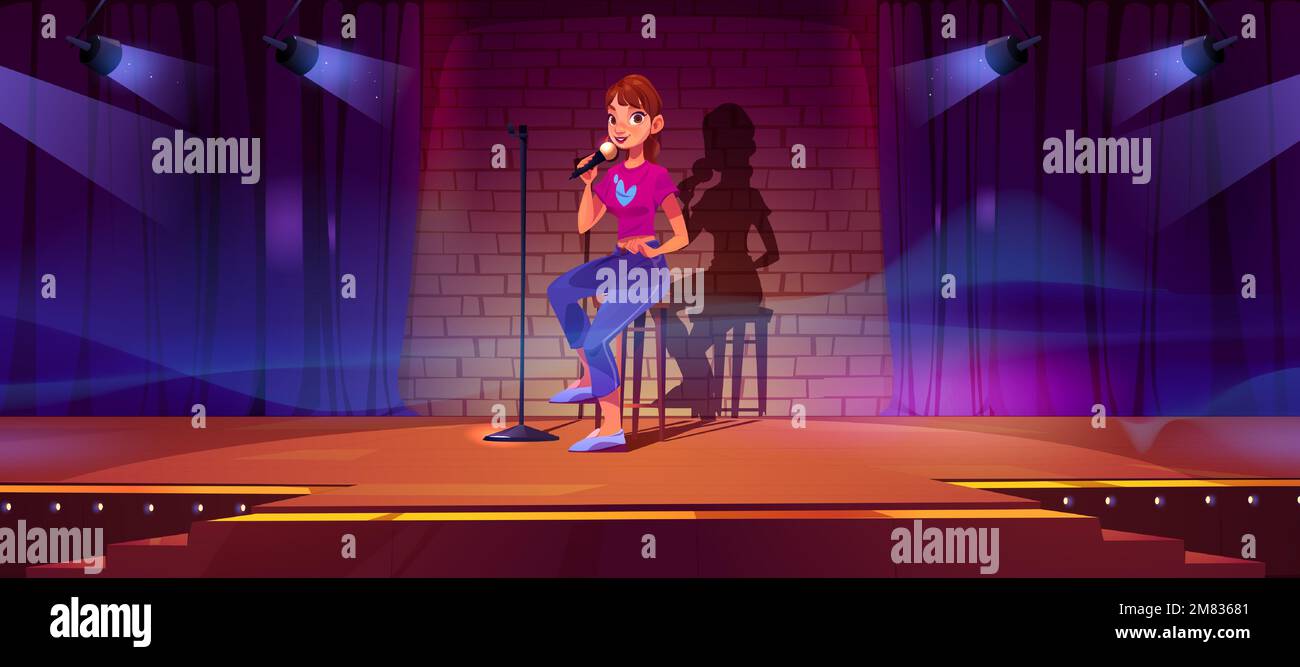 Female stand-up comedian character performing on stage. Vector cartoon illustration of young woman sitting on wooden stool, speaking in microphone, entertaining audience in night club. Comedy show Stock Vector