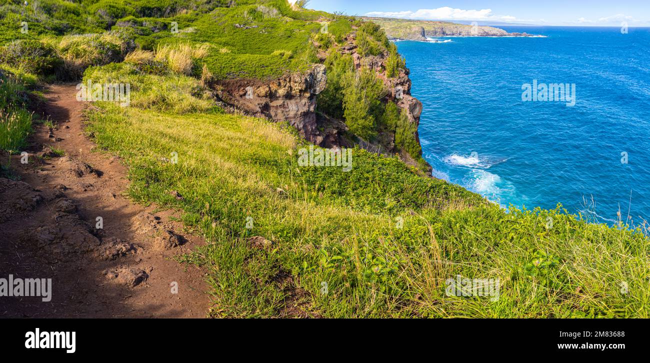 High Sea Cliffs Overlooking The Pacific Coast on The Ohai Trail  Maui, Hawaii, USA Stock Photo