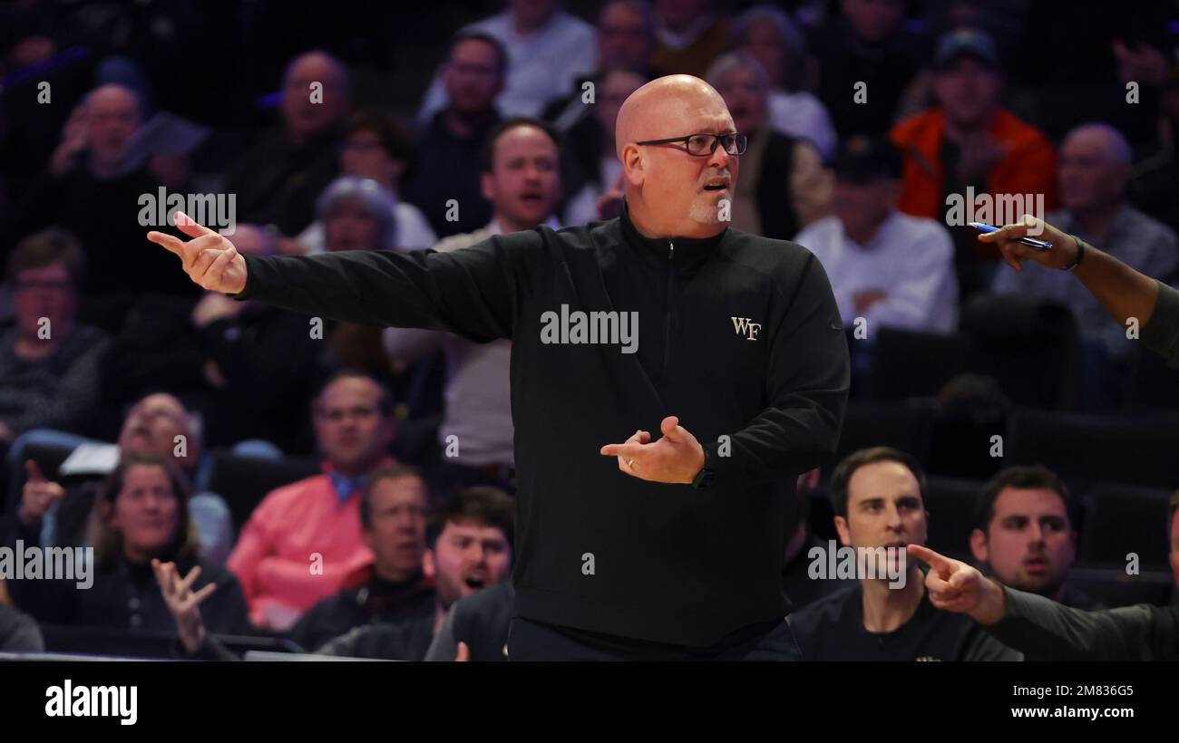 January 11, 2022: Steve Forbes is the head basketball coach for Wake Forest yelling at the ref. NCAA basketball game between Florida State University and Wake Forest University at Lawrence Joel Veterans Memorial Coliseum, Winston Salem. NC. David Beach/CSM Stock Photo