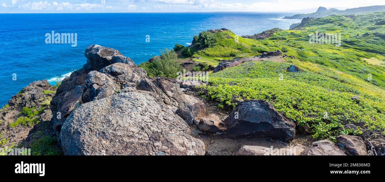 High Sea Cliffs Overlooking The Pacific Coast on The Ohai Trail  Maui, Hawaii, USA Stock Photo