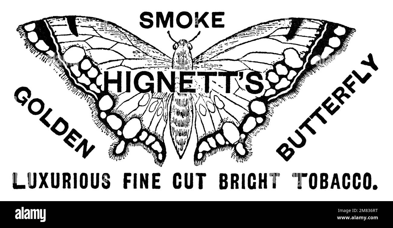 1892 British advertisement for Hignett's Golden Butterfly tobacco Stock  Photo
