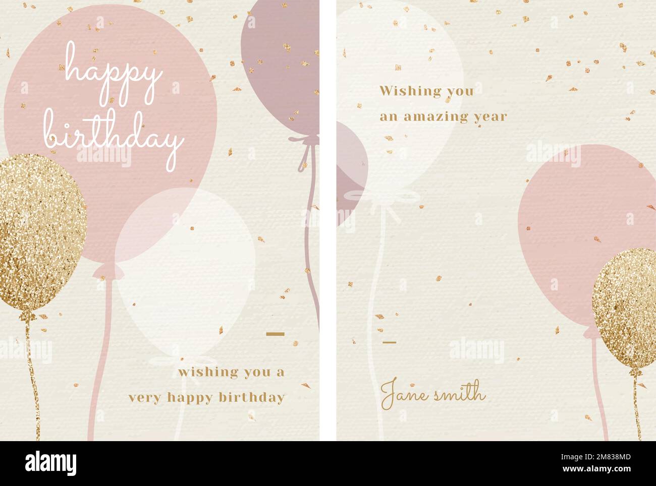 Online birthday greeting template vector with pink and gold balloon illustration set Stock Vector