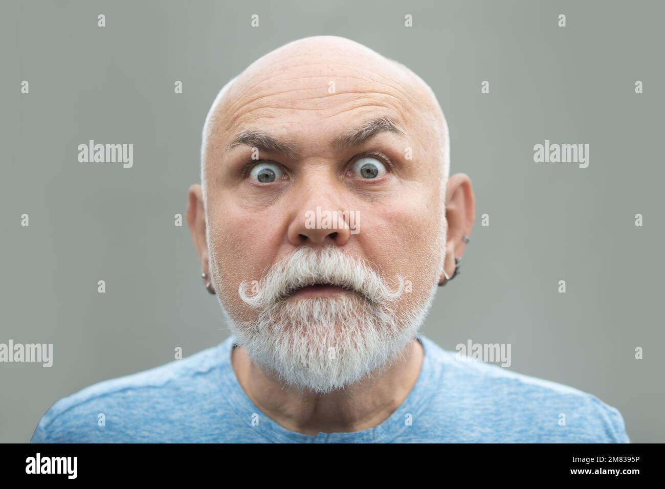 Surprised old mature man face. Closeup emotional portrait of an old mature senior man with grey beard isolated on studio background. Emotions faces. Stock Photo