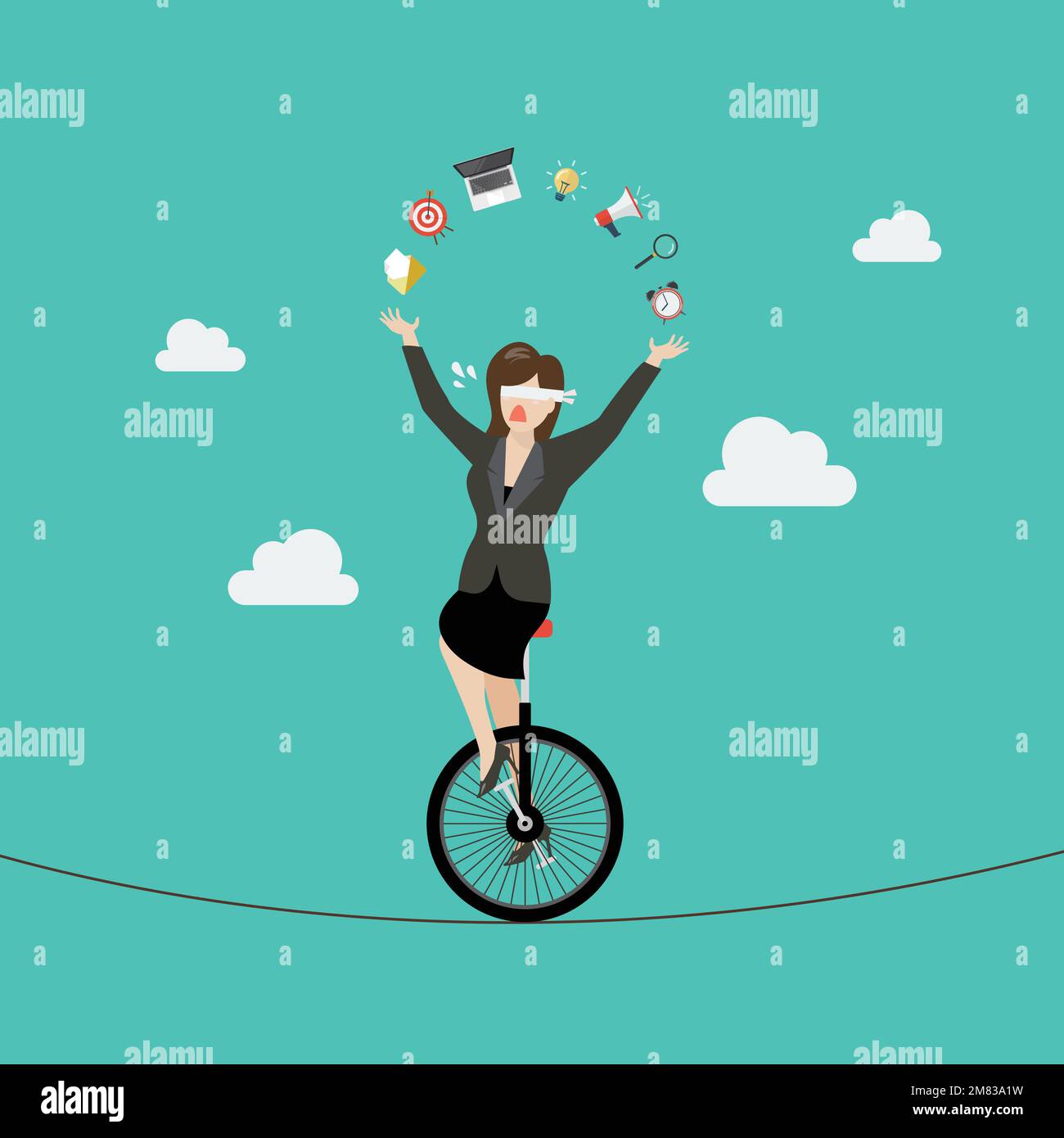 Blind business woman riding unicycle on a wire. Business risk concept