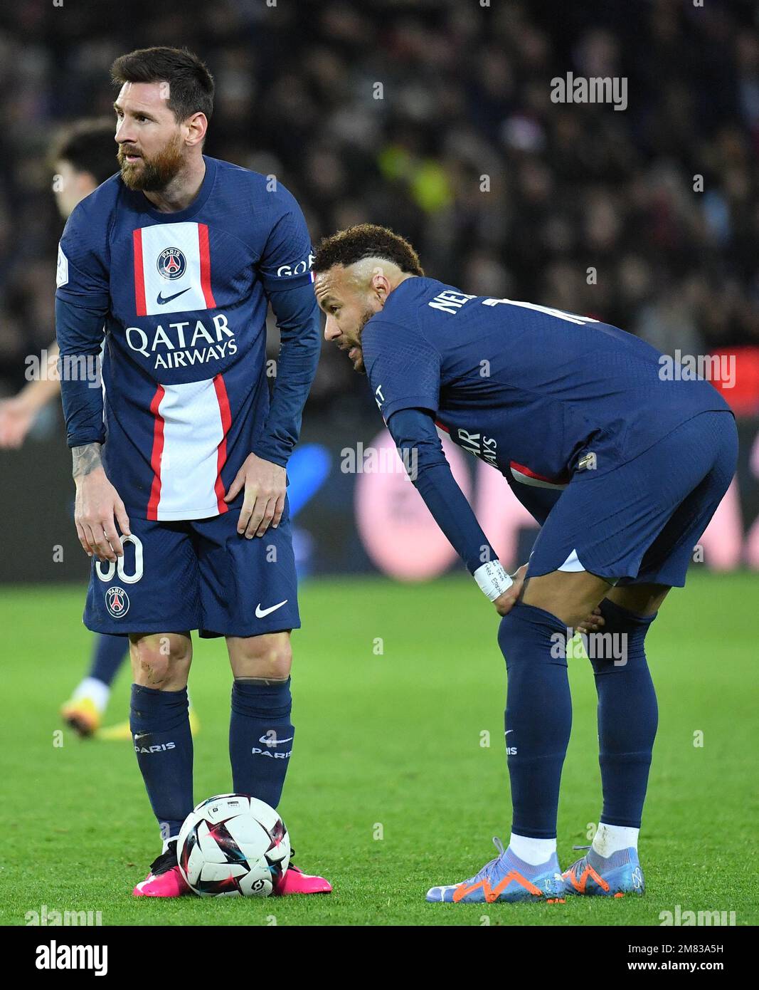 Neymar and Messi of PSG during the Ligue 1 Uber Eats match Paris